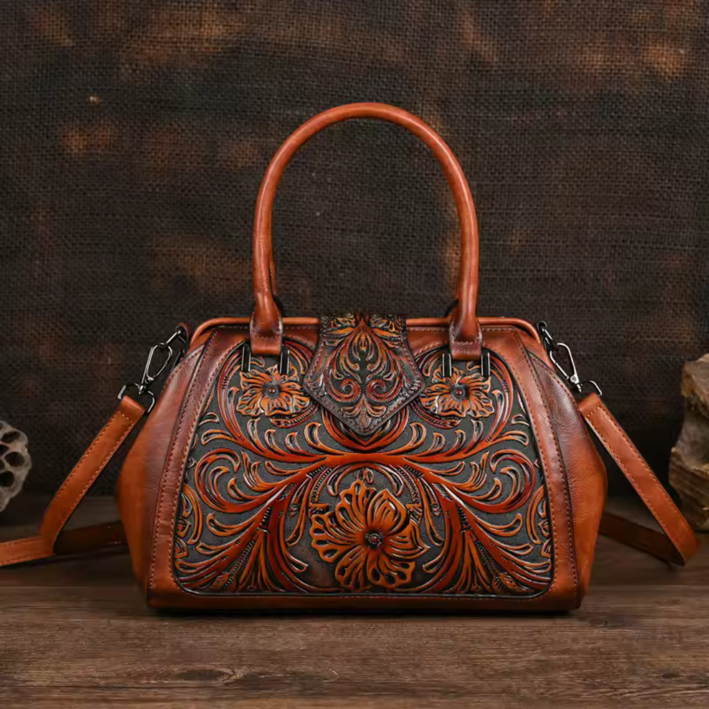 Florina - Handtasche aus Leder mit Gravur und floralem Muster